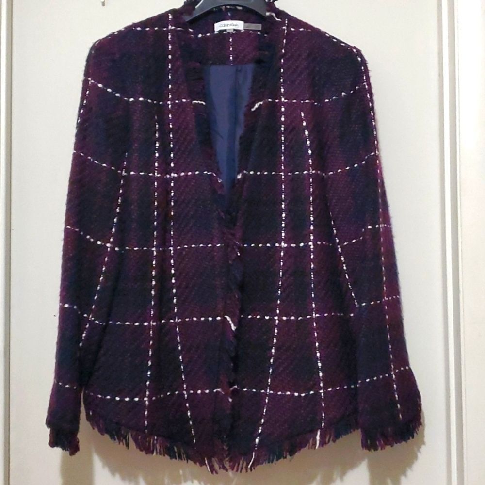 Calvin Klein Women's Tweed Flyaway Jacket,‎ Purple Black Sz 14 Preppy Academia